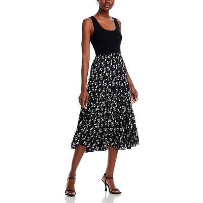 T Tahari Womens Black Floral Print Ruffled Ribbed Fit & Flare Dress L BHFO 7110