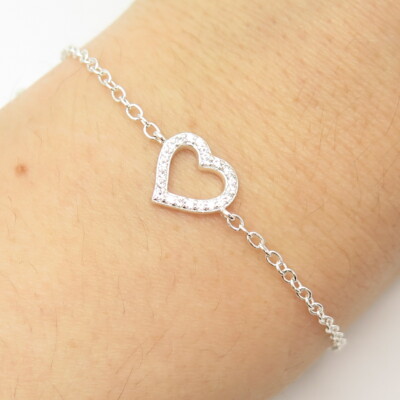 925 Sterling Silver Pave C Z Open Heart Charm Cable Link