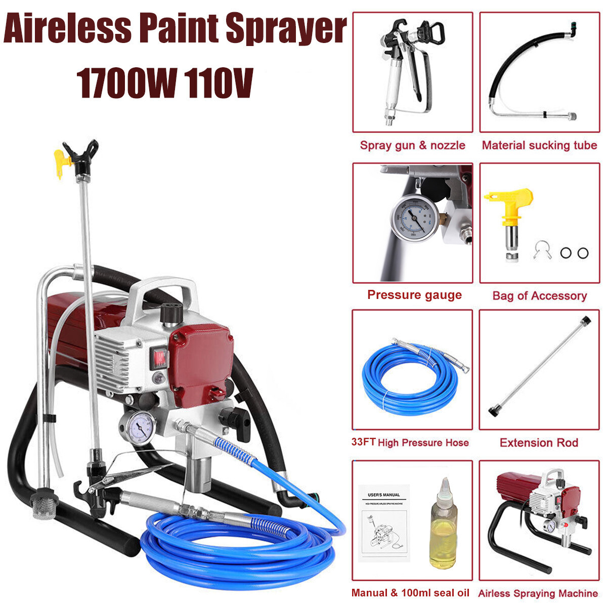 1700W High Pressure Airless Paint Sprayer High Efficiency Power Painting 110V