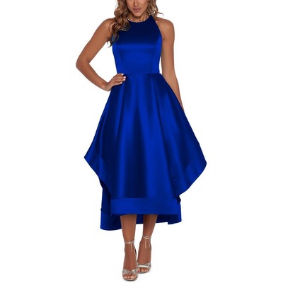 Женское вечернее платье Betsy & Adam из голубого атласа с высокой посадкой на бретелях 6 BHFO 6097