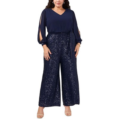 MSK Womens Navy Sequined Wide Leg Special Occasion Jumpsuit Plus 3X BHFO 1537