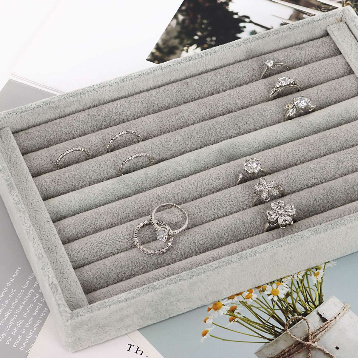 Velvet Jewelry Ring Display Organizer Case Tray Holder Earring Storage Box