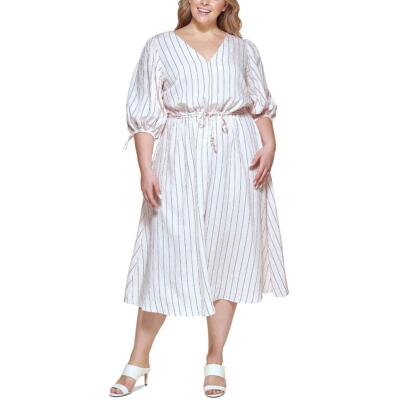 

Calvin Klein Womens Striped Work Fit - Flare Dress Plus с V-образным вырезом BHFO 3270, Blossom/black