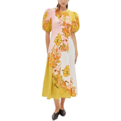 ALÉMAIS Womens Green Midi Puff Sleeves Casual Midi Dress 0 BHFO 5414