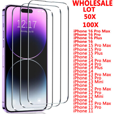 Bulk Lot 100X Tempered Glass Screen Protector For iPhone 16 15 14 13 12 Pro Max