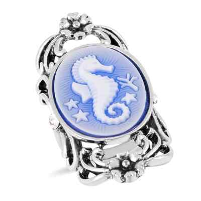 SO FUN!! Blue Color Cameo & Austrian Crystal Seahorse Silvertone Size 8