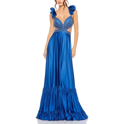 Женское официальное вечернее платье Mac Duggal, украшенное синим атласом, 6 BHFO 3698