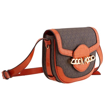 Pre-owned Michael Kors Hally Signature Logo-print Saddle Crossbody Bag 30f1g2hm2e In Orange