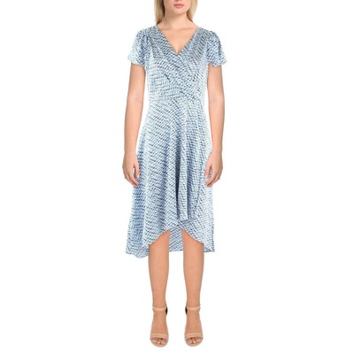 

DKNY Womens Zelda Blue Printed Faux Wrap Fit - Flare Платье Petites  BHFO 1051, Blue/white multi