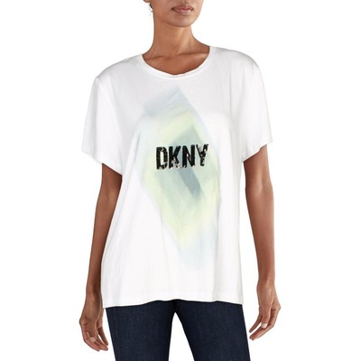 DKNY Womens White Knit Sequined Short Sleeves Graphic T-Shirt Top XL BHFO 9349