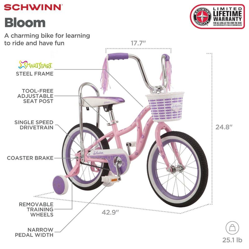 Schwinn Bloom kids bike, 16-inch wheel, training wheels, girls, pink, banana sea