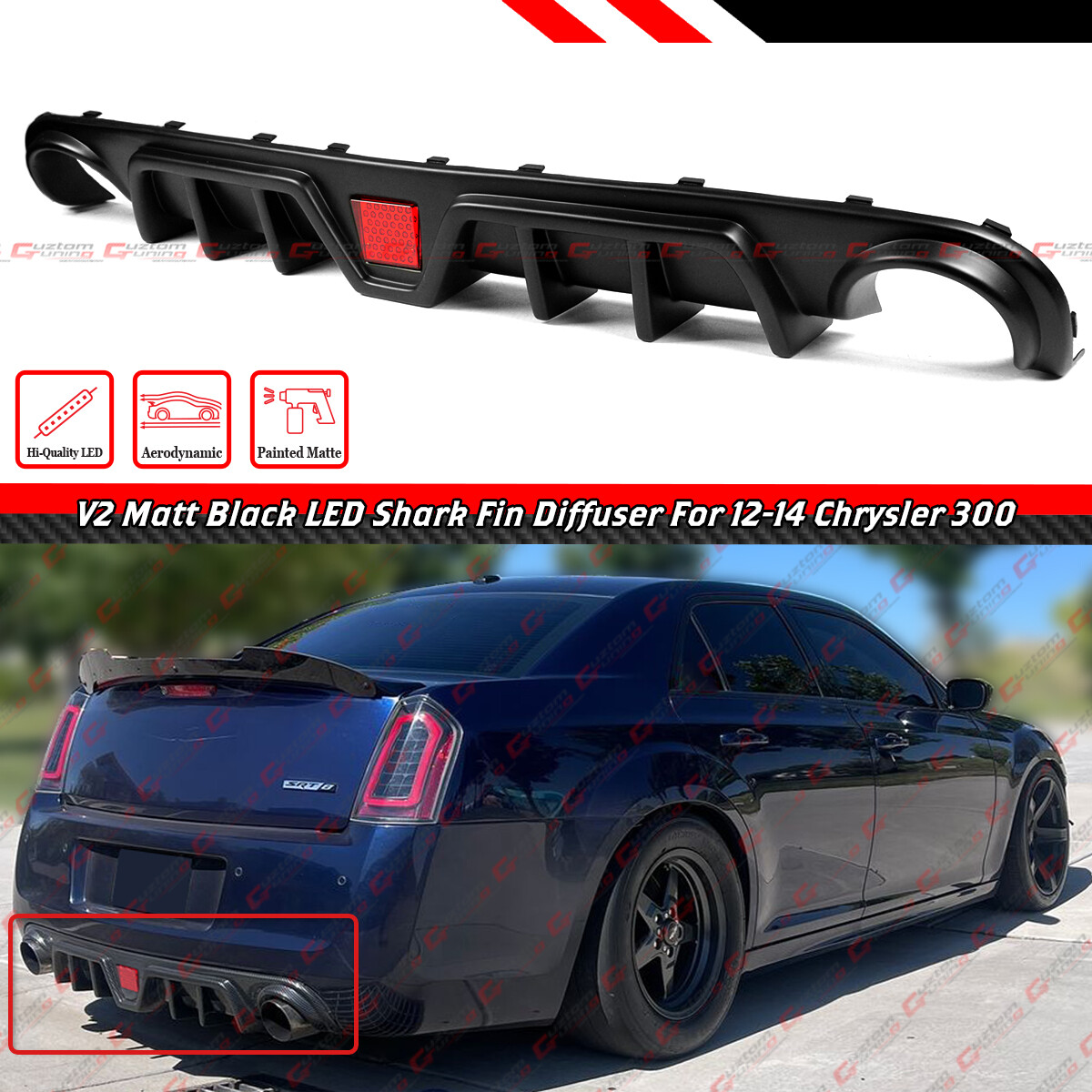 FOR 2012-2014 CHRYSLER 300 SRT V2 MATTE BLACK SHARK FIN LED REAR BUMPER DIFFUSER
