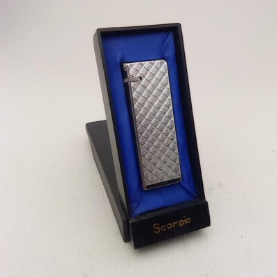 SCORPIO CD Silver Tone Lift Arm Gas Lighter Boxed Excellent Vintage 70s