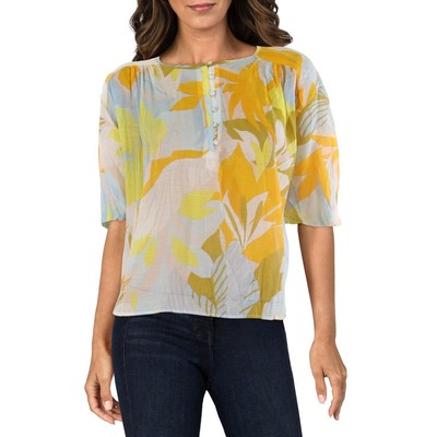 Vince Camuto Womens Yellow Button Front Sheer Blouse Henley Top M BHFO 5704