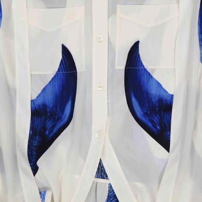 Pre-owned Burberry Ladies Mermaid Tail Print Tie-neck Cape Detail Blouse In Blue
