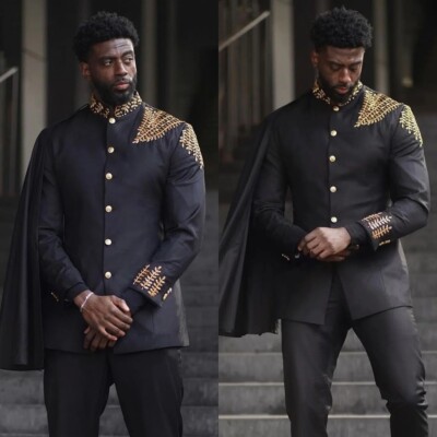 African Black Men Suits with Cape Standing Collar Gold Embroideries Prom Tuxedos