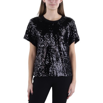 DKNY Womens Black Sequined Crewneck Tee Pullover Top Shirt XL BHFO 5306