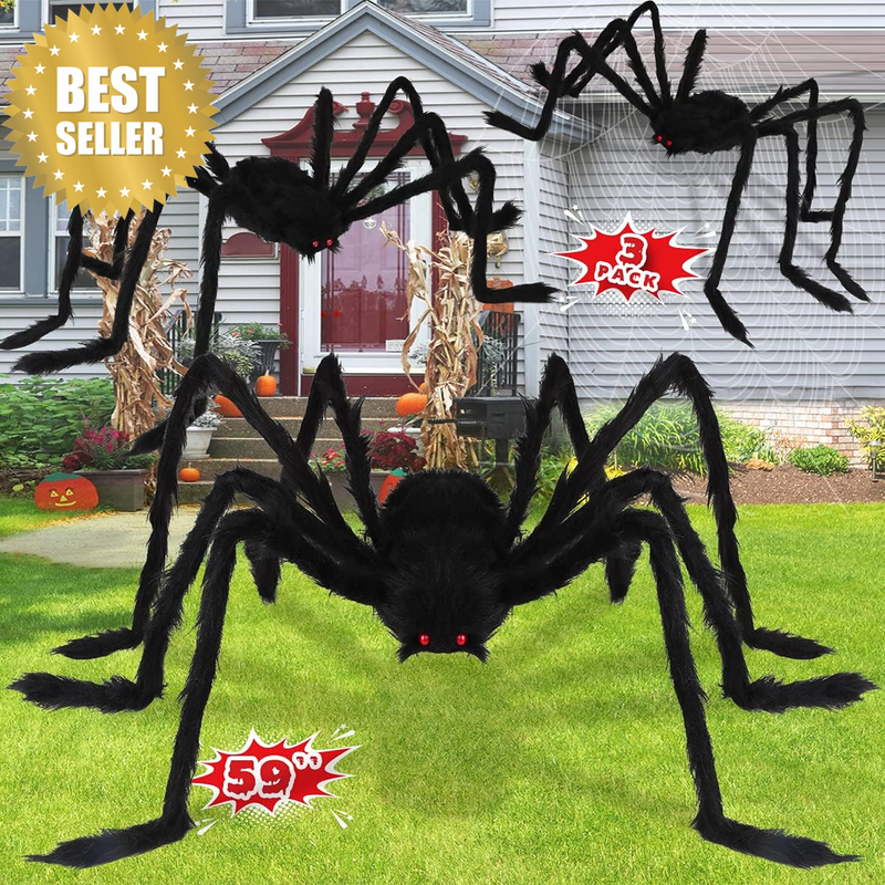 Halloween Giant Spider Decorations (3 Pack), Realistic Halloween Spider Props, F