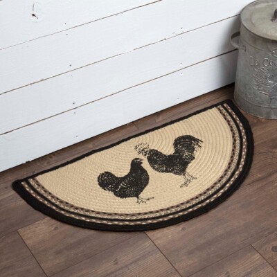 Sawyer Mill Black & Gray Half Circle Rug Poultry Hen Jute 16.5x33 VHC Brands