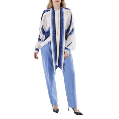 Pre-owned Burberry Ladies Mermaid Tail Print Tie-neck Cape Detail Blouse In Blue