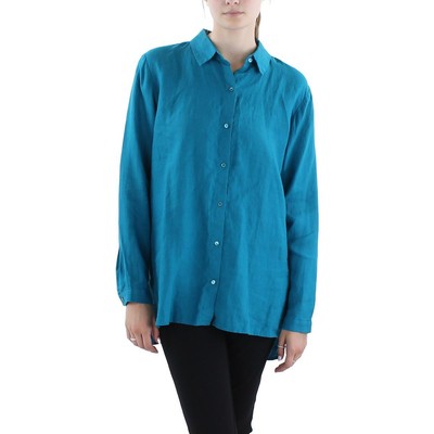 Женская голубая льняная блузка на пуговицах Eileen Fisher L BHFO 9385