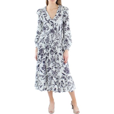 Женское голубое дневное платье миди с присборенной талией Aqua Womens L BHFO 5637