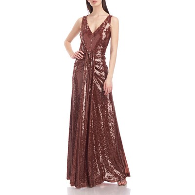 

Коричневое длинное вечернее платье Solange Kay Unger с пайетками  BHFO 0200, Caramel