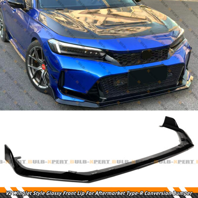 V2 Gloss Black Front Lip Splitter For 22-24 Honda Civic Type-R Conversion Bumper