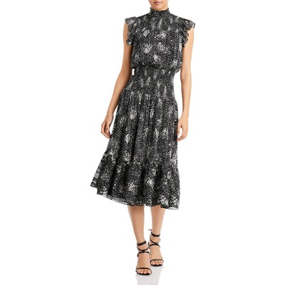 Aqua Womens Black-Ivory Abstract Print Ruffled Wear to Work Dress S BHFO 6286