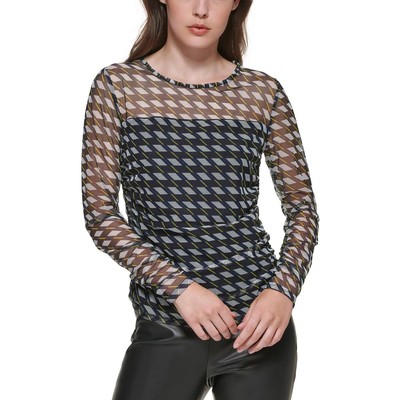 

DKNY Женская темно-синяя сетчатая блуза-рубашка с узором -quot;гусиные лапки-quot;  BHFO 2507, Ivory/new navy multi