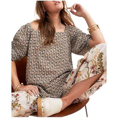

Женская коричневая рубашка с пышными рукавами и принтом Anne Klein, топ  BHFO 4129, Bisqueware/lt coffee