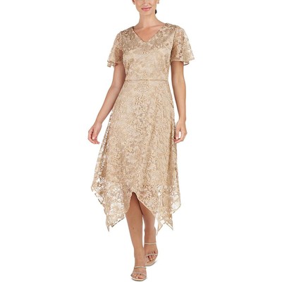 Женское вечернее кружевное платье миди золотого цвета JS Collections 6 BHFO 6637