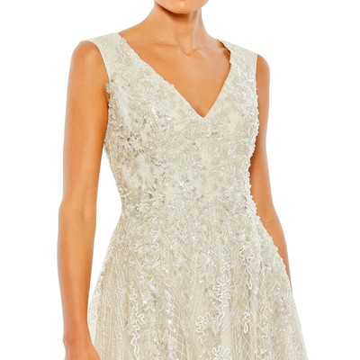Pre-owned Mac Duggal Womens Embellished Long Formal Evening Dress Gown Bhfo 8095 In White