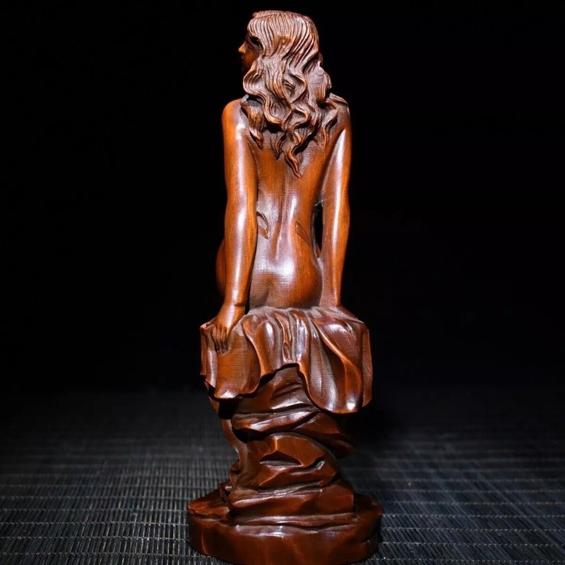 Chinese Boxwood Wood Carving Sexy Beautiful Woman Statue Wooden Sculpture