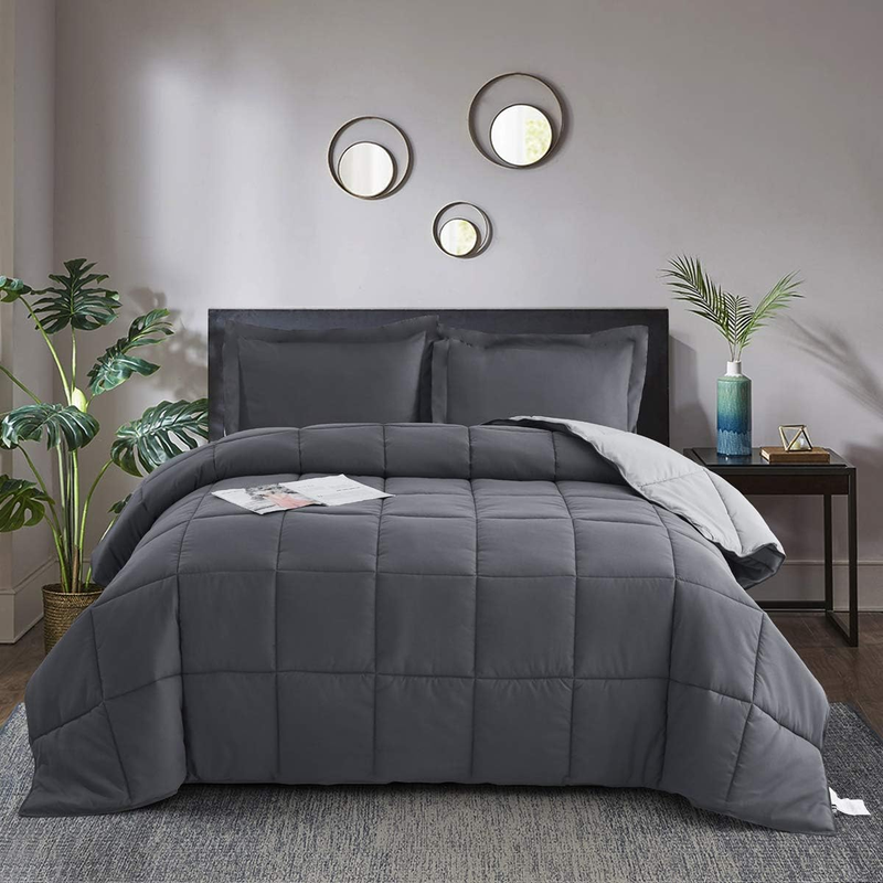 3 Pieces Grey Oversized King plus Comforter Set, Modern Breathable Box Stitched Duvet Insert with 2 Shams, Soft Fluffy All Season Reversible Comforter Set Blanket with Corner Tabs for Bedroom