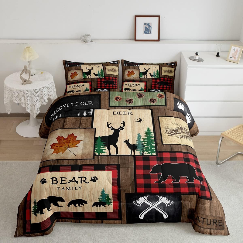 Queen Size Wildlife Deer Bear Trees Print Quilt Set