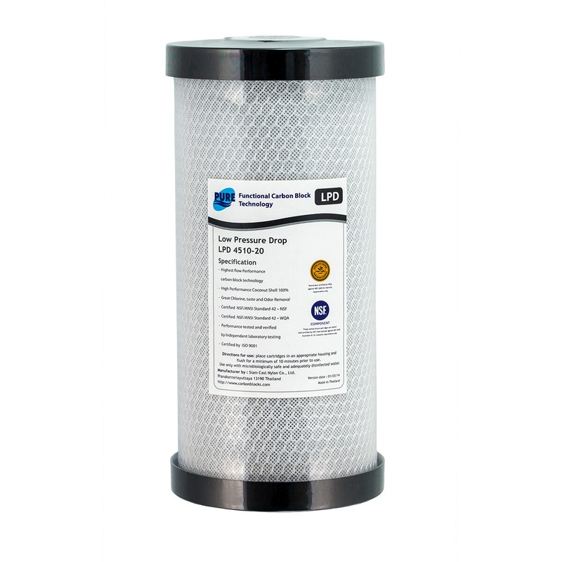 Carbon Block Water Filter Cartridge 10" x 4.5" Low Pressure Drop 20 Mic