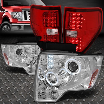ДЛЯ 09-14 FORD F150 ХРОМИРОВАННАЯ ФАРА ПРОЕКТОРА HALO RING + КРАСНЫЕ ЛИНЗЫ СВЕТОДИОДНЫХ ЗАДНИХ ФОНАРЕЙ
