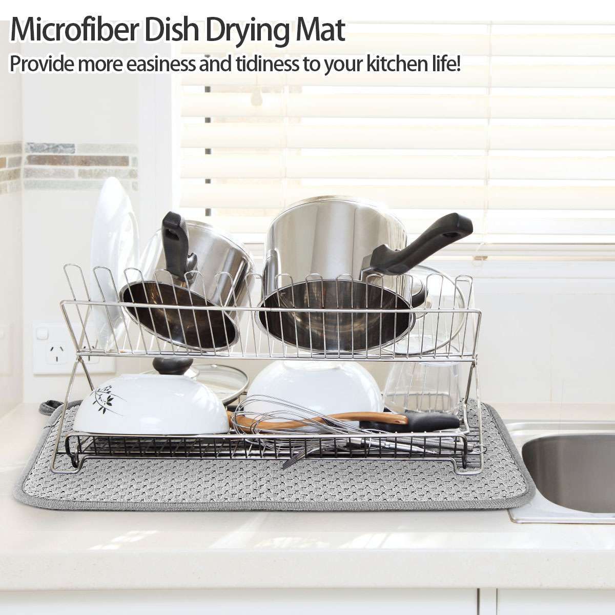 Dish Drying Mat, Microfiber Dish Draining Mat for Kitchen Countertop-Grey