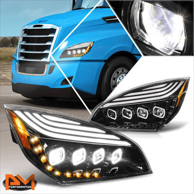 For 18-24 Freightliner Cascadia Quad Square Halo LED DRL Projector Headlights
