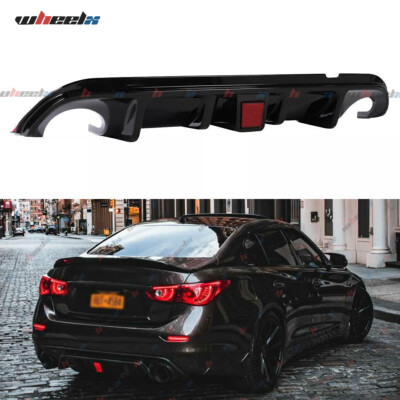 Gloss Black Rear Bumper Diffuser Spoiler Lip For 14-17 Infiniti Q50 W/ LED Light