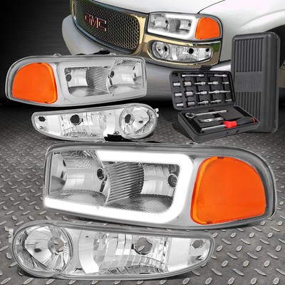 ДЛЯ 00-07 GMC YUKON XL SIERRA LED DRL ХРОМИРОВАННЫЕ УГЛОВЫЕ ФАРЫ ЯНТАРНОГО ЦВЕТА + НАБОР ИНСТРУМЕНТОВ