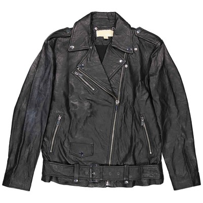 Pre-owned Michael Kors Ladies Crinkled Leather Moto Jacket In Black, Size Small