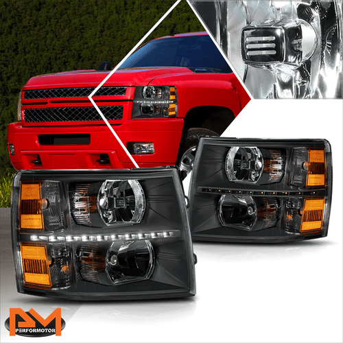 For 07-14 Chevy Silverado LED DRL Strip Headlight/Lamp Black Housing Amber Side