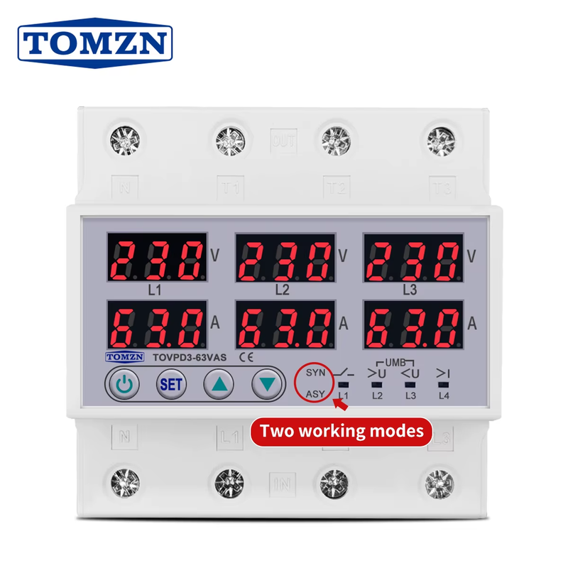 3 Phase 63A Din rail adjustable Over Under Voltage current limit protection Rela