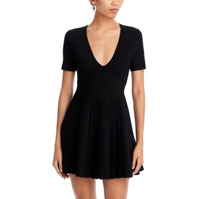 Milly Womens Black Ribbed Solid V-Neck Fit & Flare Dress P BHFO 6656