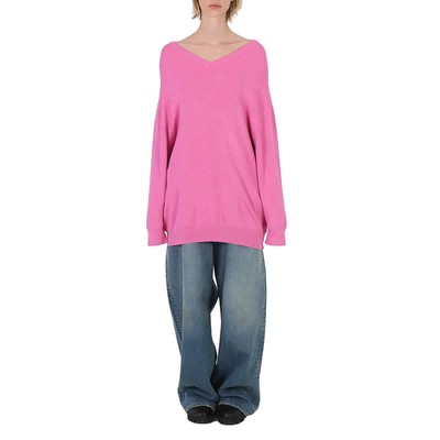 Pre-owned Balenciaga Ladies Pink Oversized V-neck Knit Sweater
