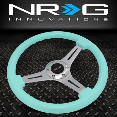 РУЛЕВОЕ КОЛЕСО NRG 350 ММ ХРОМИРОВАННОЕ С 2-МЯ ГЛУБОКИМИ ПЛОСКИМИ СПИЦАМИ, ОКРАШЕННОЕ В ЦВЕТ МЯТНОГО ФЛОСТА, С ДЕРЕВЯННОЙ РУКОЯТКОЙ