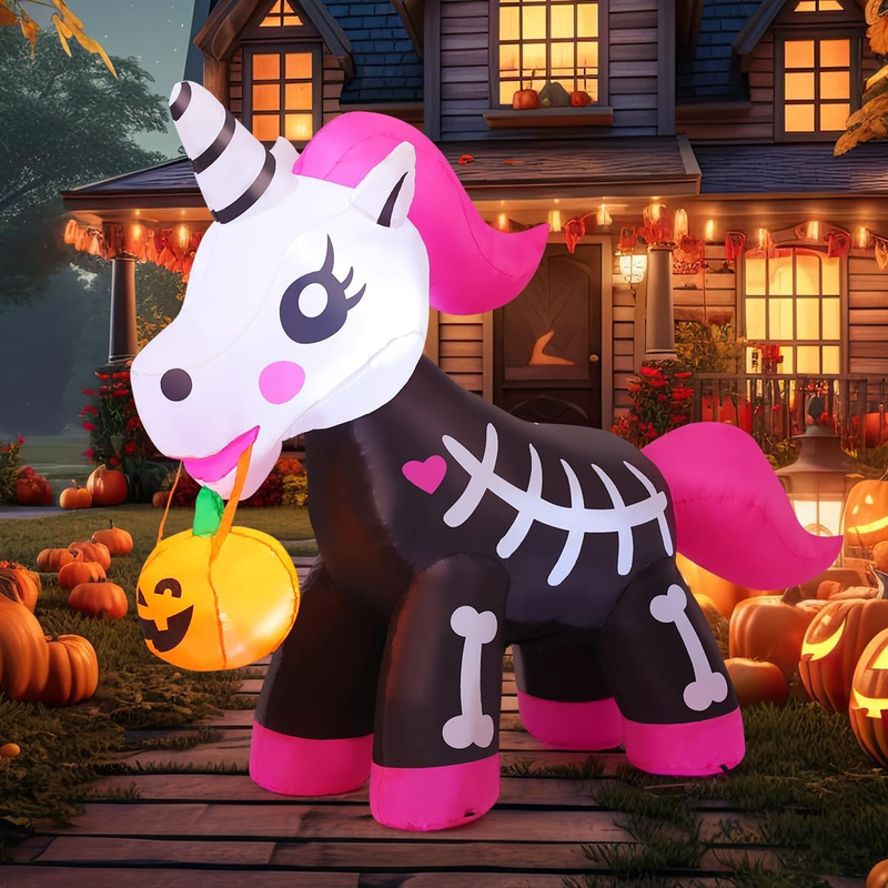 5 FT Halloween Inflatable Skeleton Unicorn Outdoor Decoration Blow Up Pink LED