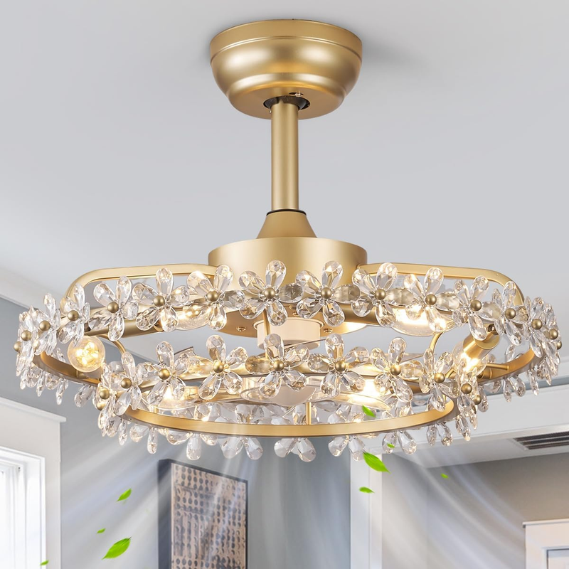 20 Inch Fandelier Caged Ceiling Fan with Light, Chandelier Bladeless Ceiling Fans with Lights and Remote, Modern Small Ceiling Fan with Light for Living Room, Bedroom, Flower Gold